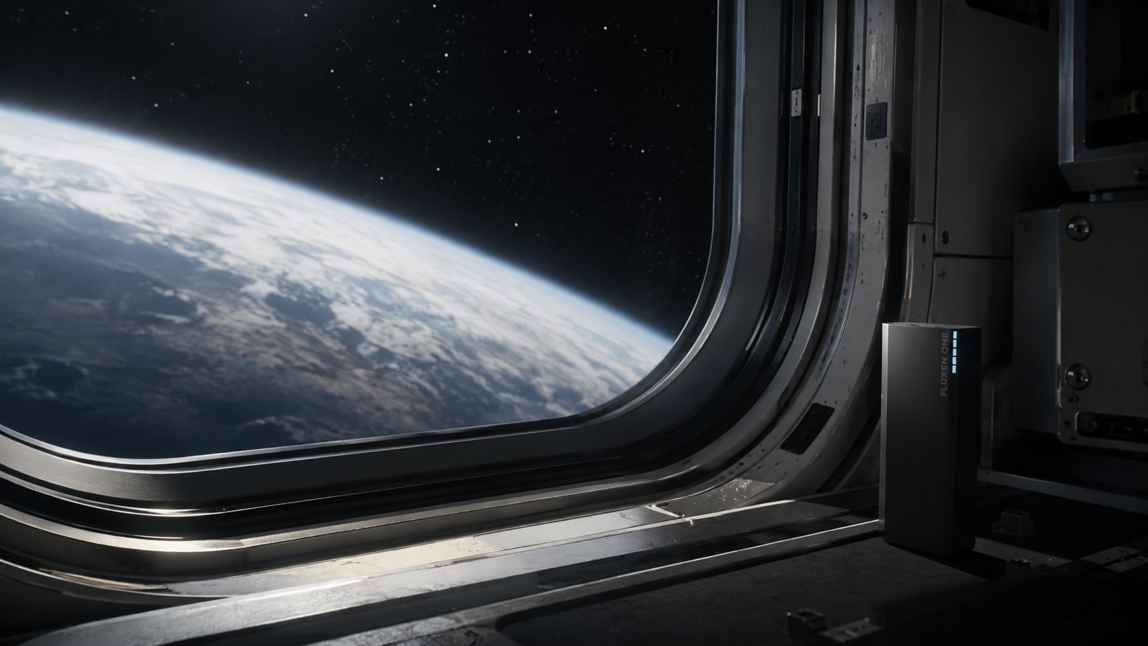Concept visualization of FLUXEN ONE beside a spacecraft window