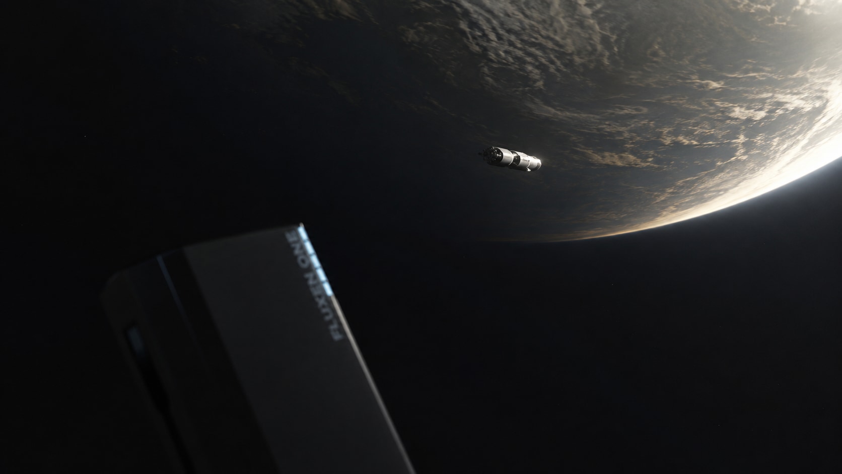 FLUXEN ONE in a cinematic space scene, with the body at lower left and a planet horizon above